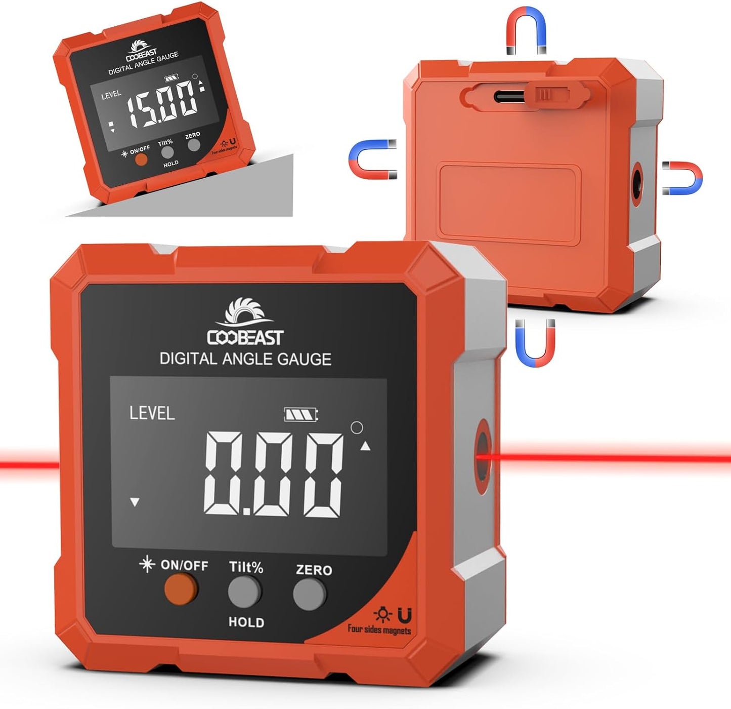 Digital Angle Finder with Laser, 4-side Magnetic Digital Angle Gauge, Rechargeable Mini Digital Laser Level Measuring Tool Cube Inclinometer with Backlight for Woodworking Tablesaw Gift for Men Orange