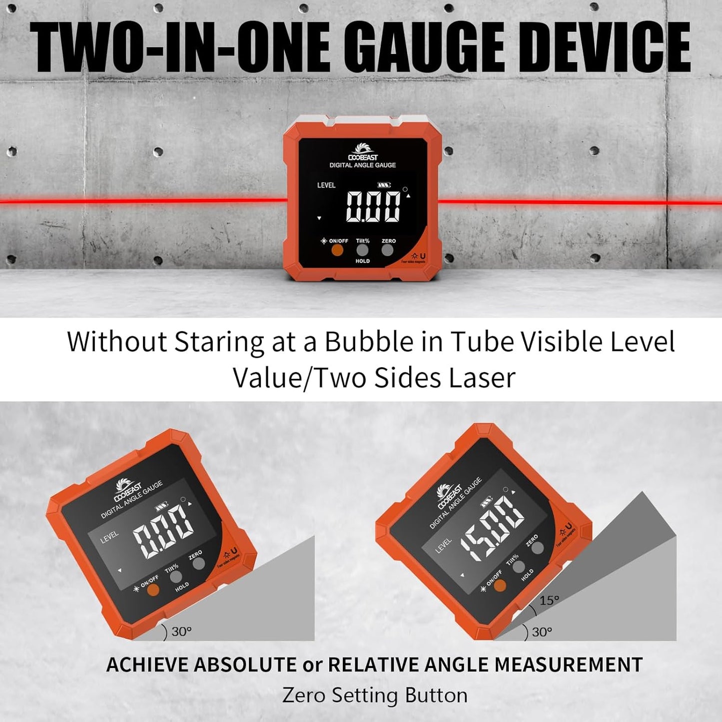 Digital Angle Finder with Laser, 4-side Magnetic Digital Angle Gauge, Rechargeable Mini Digital Laser Level Measuring Tool Cube Inclinometer with Backlight for Woodworking Tablesaw Gift for Men Orange