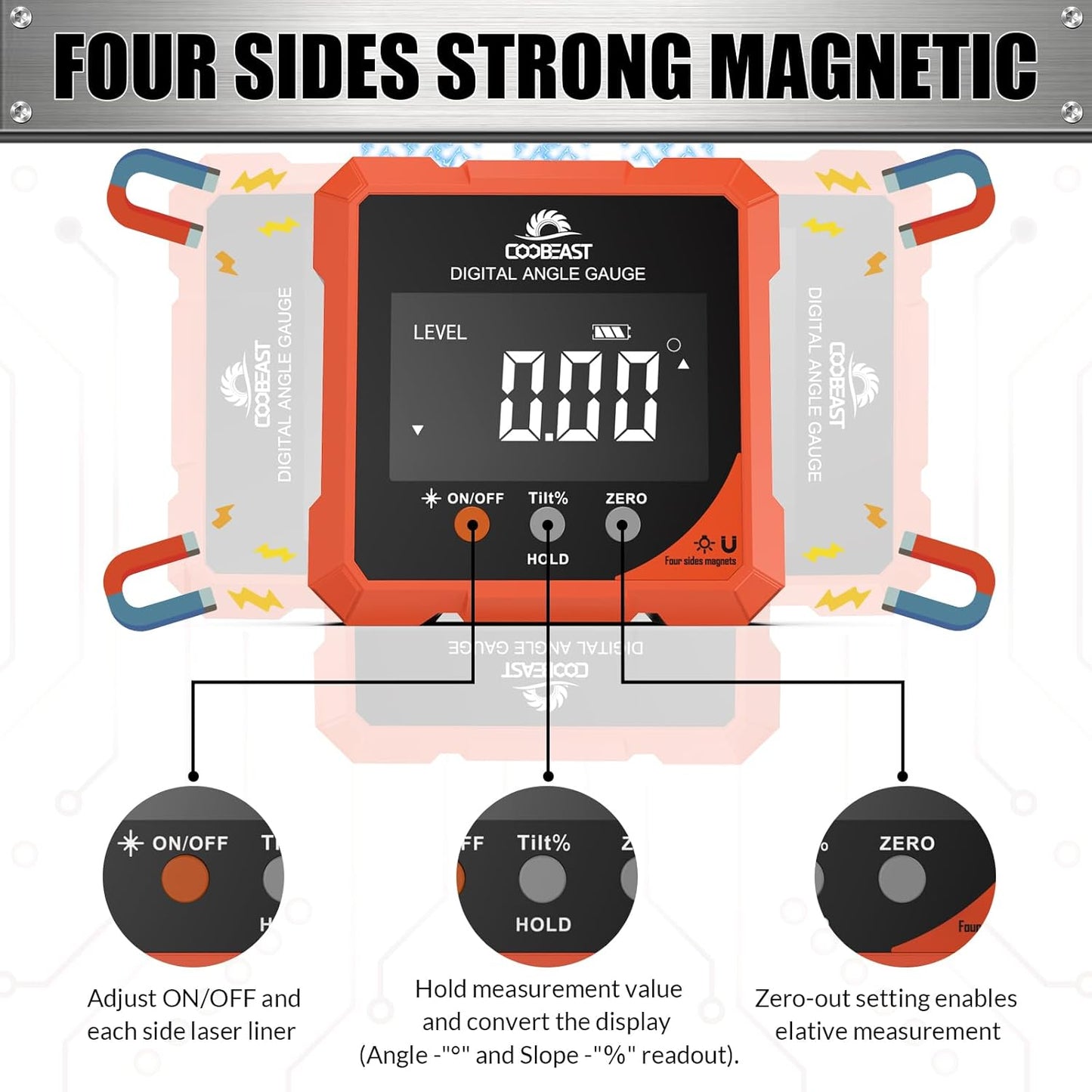 Digital Angle Finder with Laser, 4-side Magnetic Digital Angle Gauge, Rechargeable Mini Digital Laser Level Measuring Tool Cube Inclinometer with Backlight for Woodworking Tablesaw Gift for Men Orange