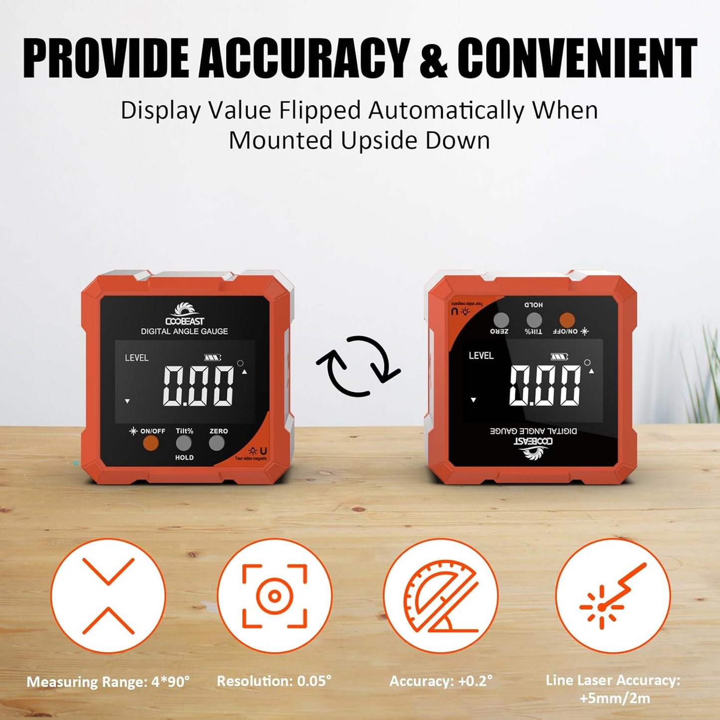 Digital Angle Finder with Laser, 4-side Magnetic Digital Angle Gauge, Rechargeable Mini Digital Laser Level Measuring Tool Cube Inclinometer with Backlight for Woodworking Tablesaw Gift for Men Orange
