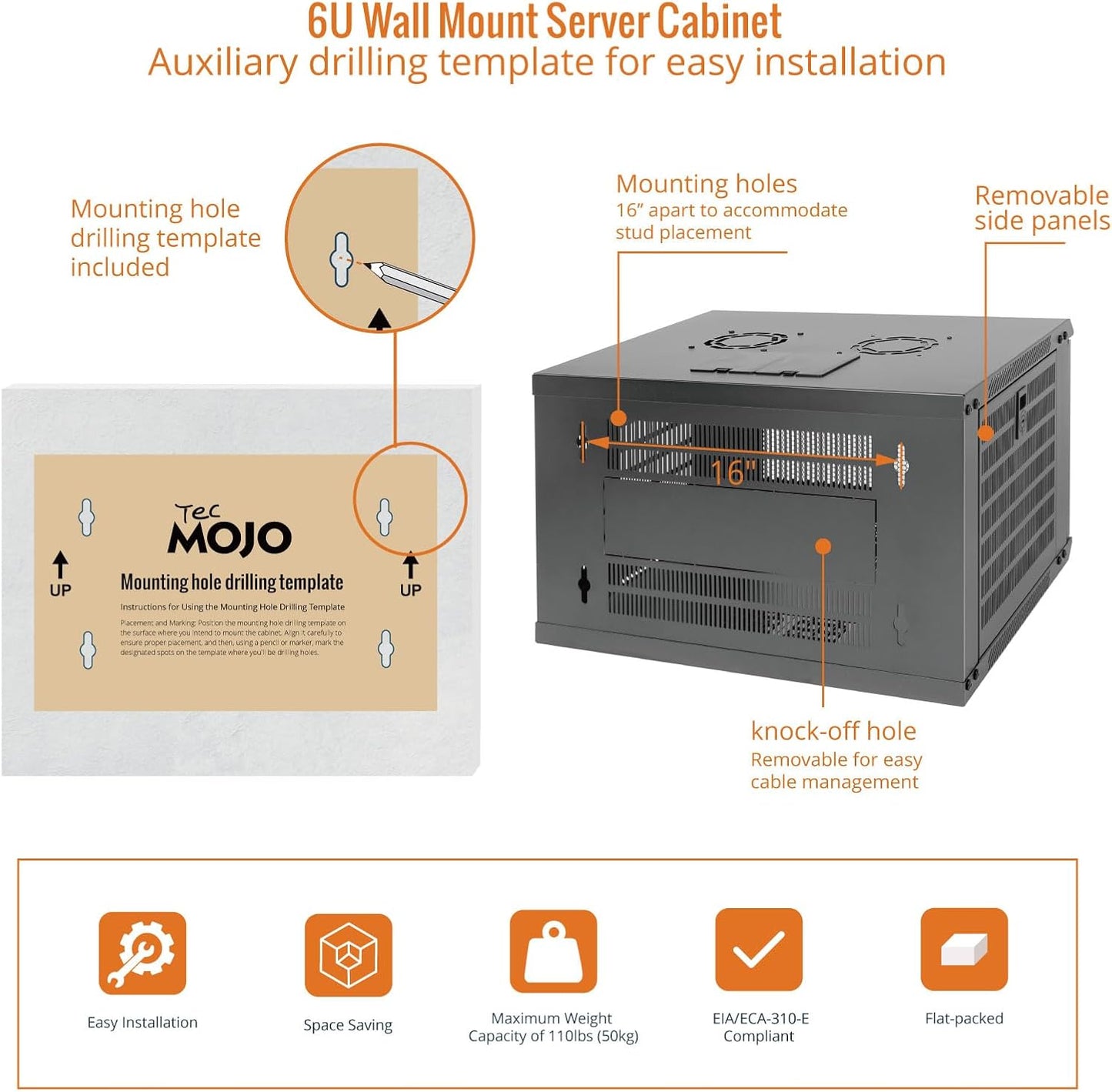 Network RackTecmojo 6U Wall Mount Rack Network Cabinet for 19" IT Equipment,with Lockable Mesh Door and Side Panels,Cooling Fan,450mm Depth (Standard 6U/450mm Deep), Mesh/Black